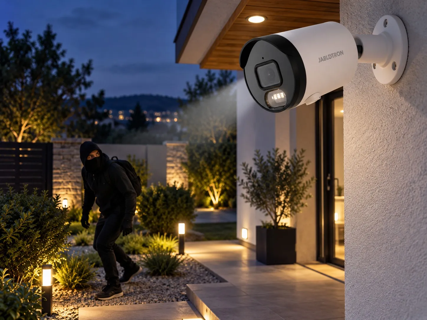 JABLOTRON outdoor camera overlooking a garden path at dusk